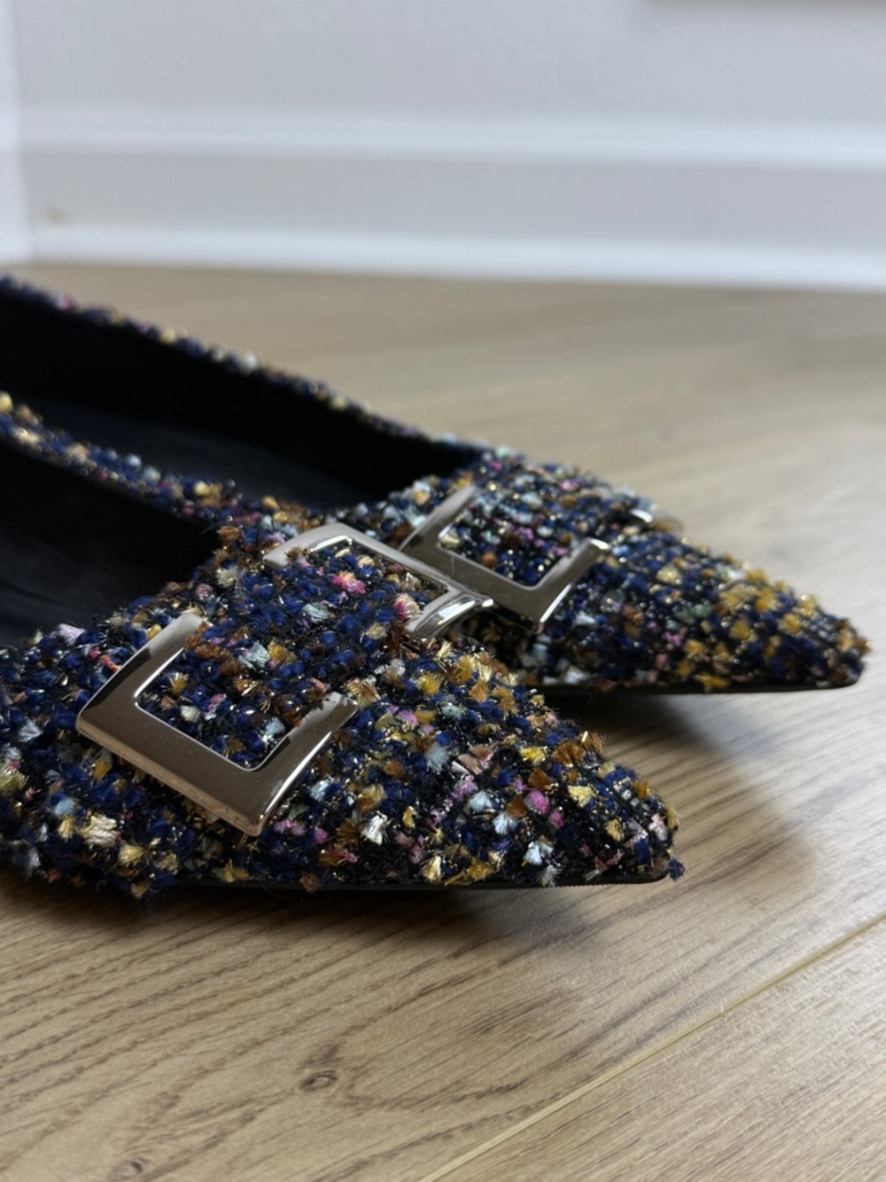 C.Paravano multicoloured tweed flats with silver buckle detail